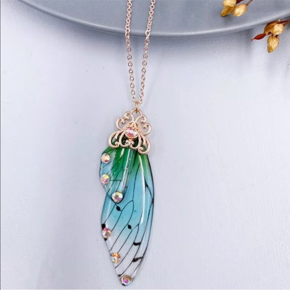 Fairy Gold Pendant Green Butterfly Wing Necklace